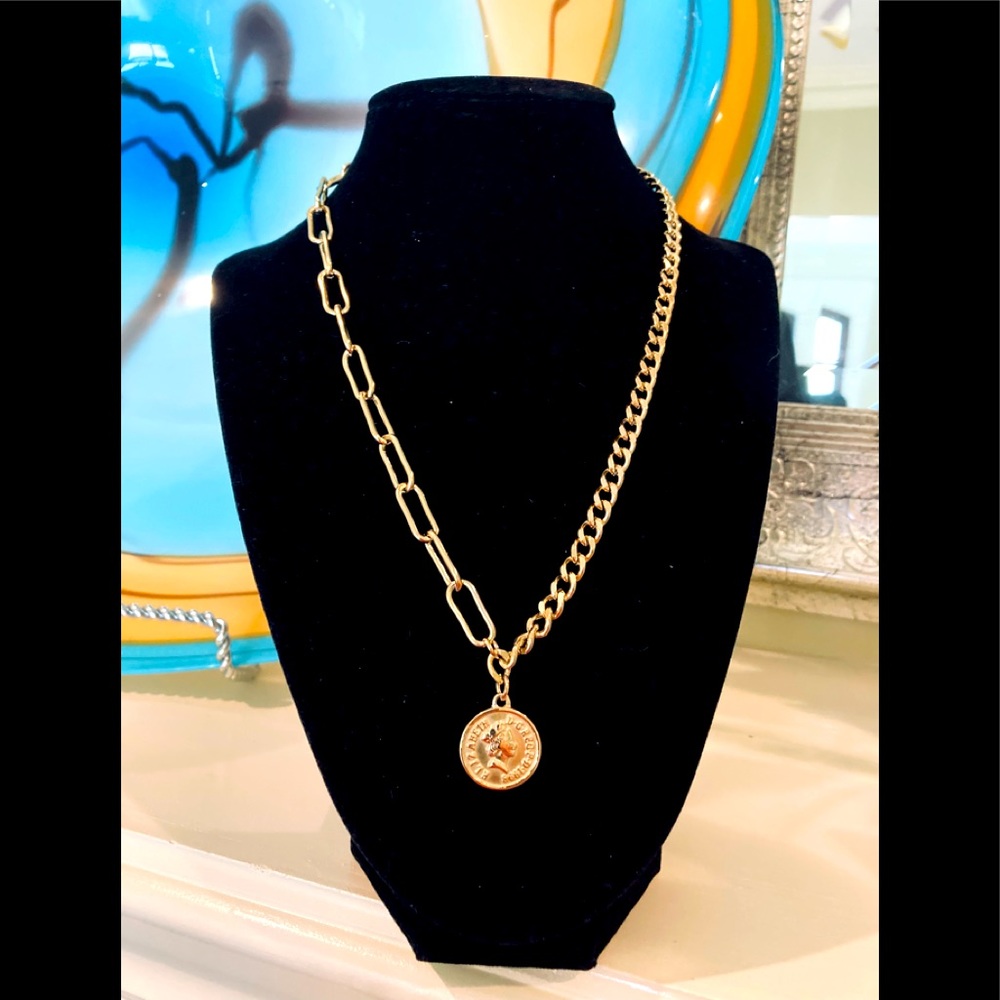 Adornia Coin Pendant/Necklace w/14K Gold Plated Mixed Links Chain